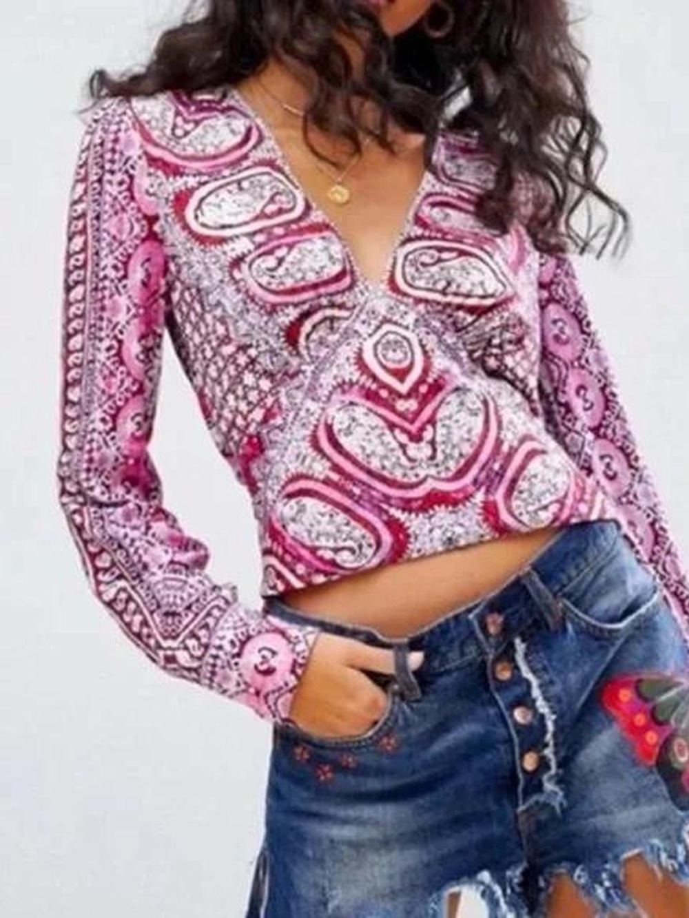 Free People Women’s Pink Paisley V-Neck Long Sleeve Top